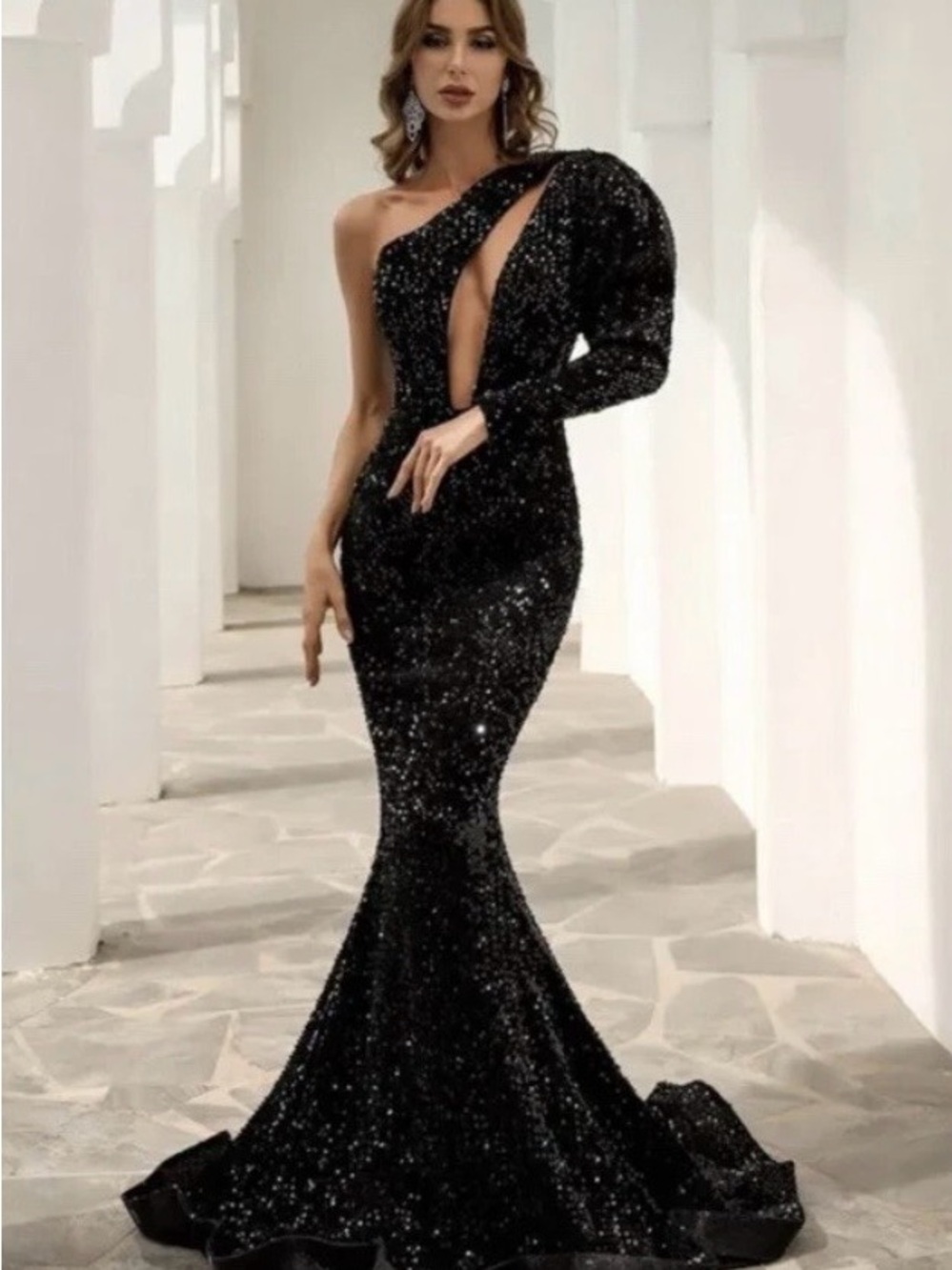 Miss Ord One Shoulder Sequin Mermaid Hem Cut Out Dress Green & Black Medium
